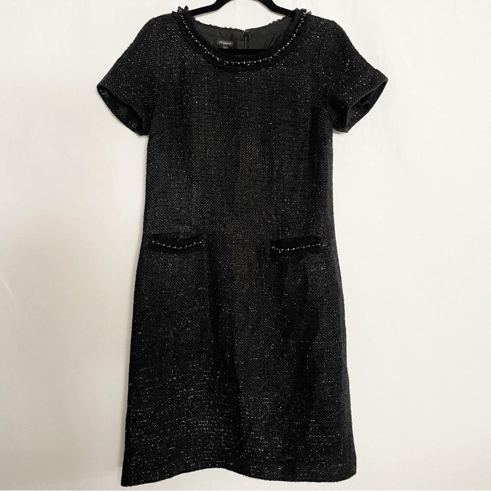 Talbots 10 Tweed Beaded Accents Embellished Collar LBD Black Dress